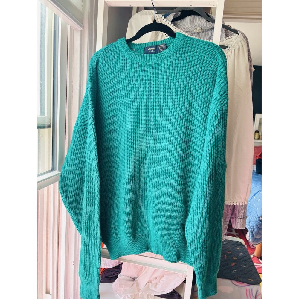80s Vintage Wrangler Sweater Mens XL Crew Neck Acrylic Turquoise Made In USA